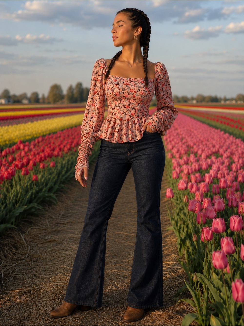 Floral Square-Neck Peplum Blouse - Pink